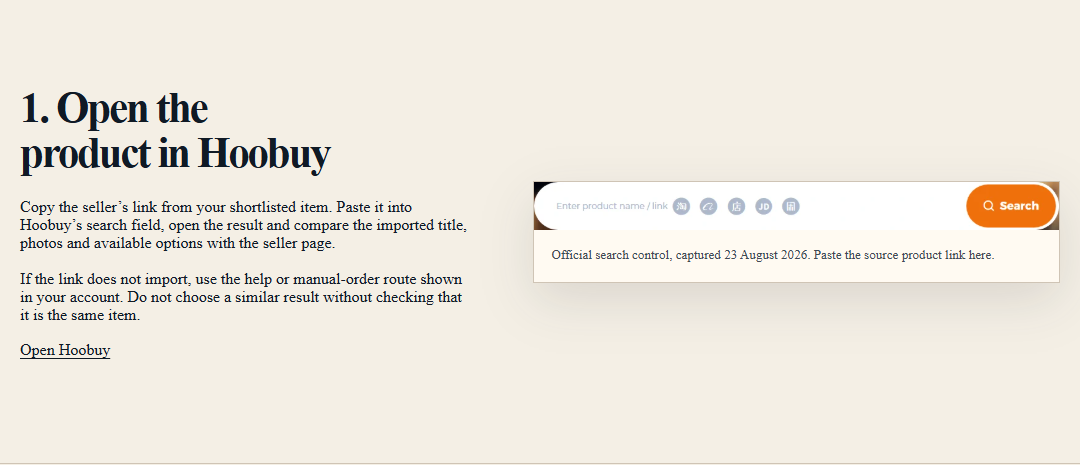 Preview of this site’s illustrated Hoobuy buying guide, beginning with the product link and selected option