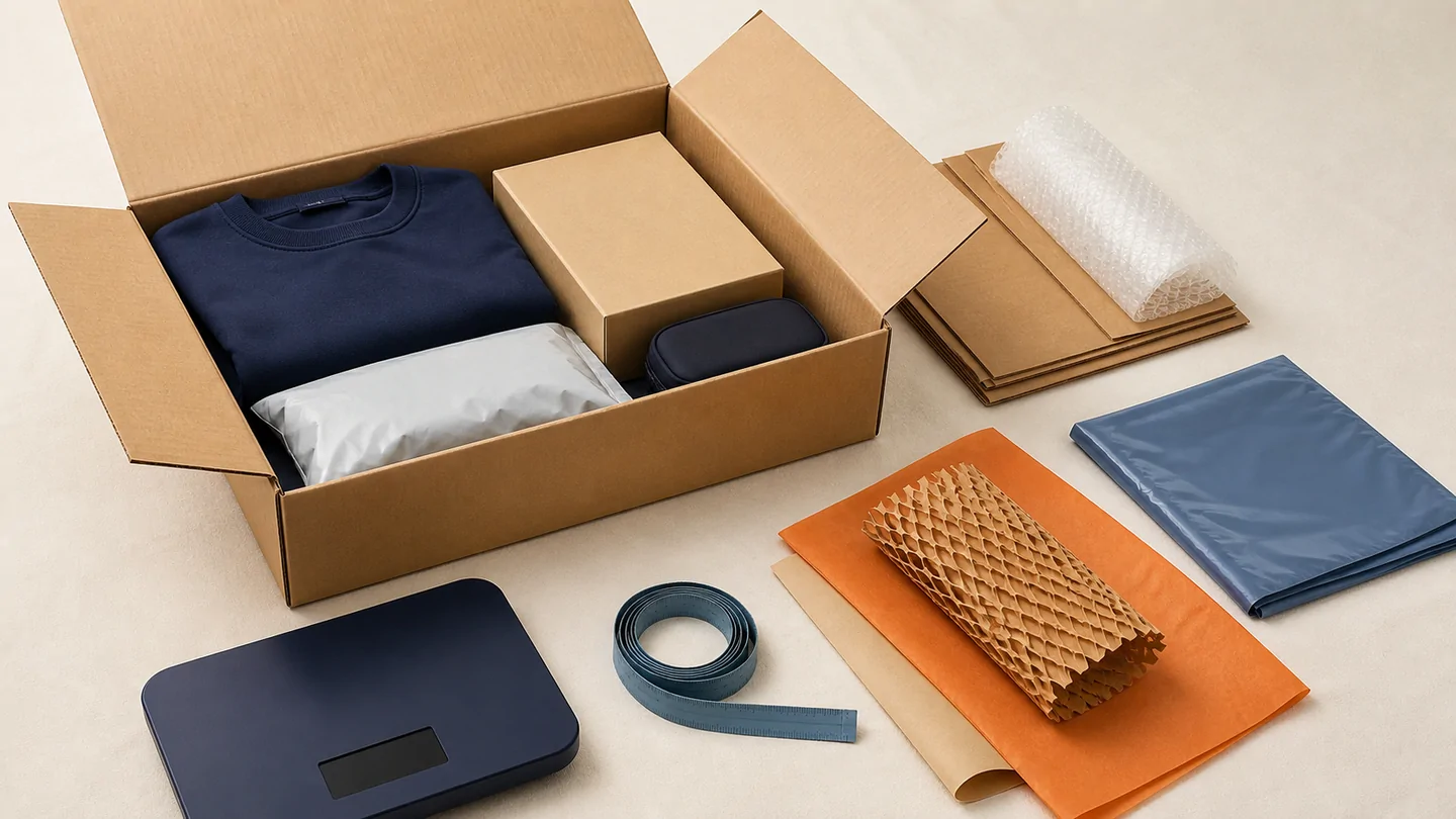 Illustration of a parcel, packaging and measuring tape