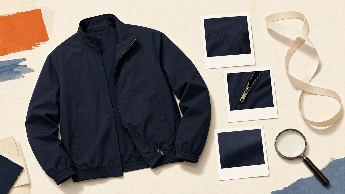 Illustration of a jacket, close-up detail photos and measurement tape